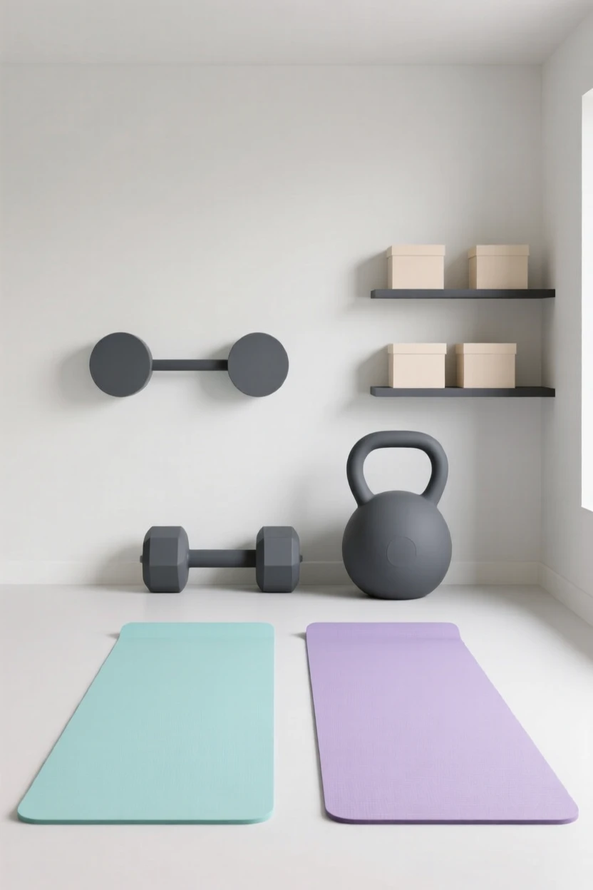 A home gym with yoga mats and equipment