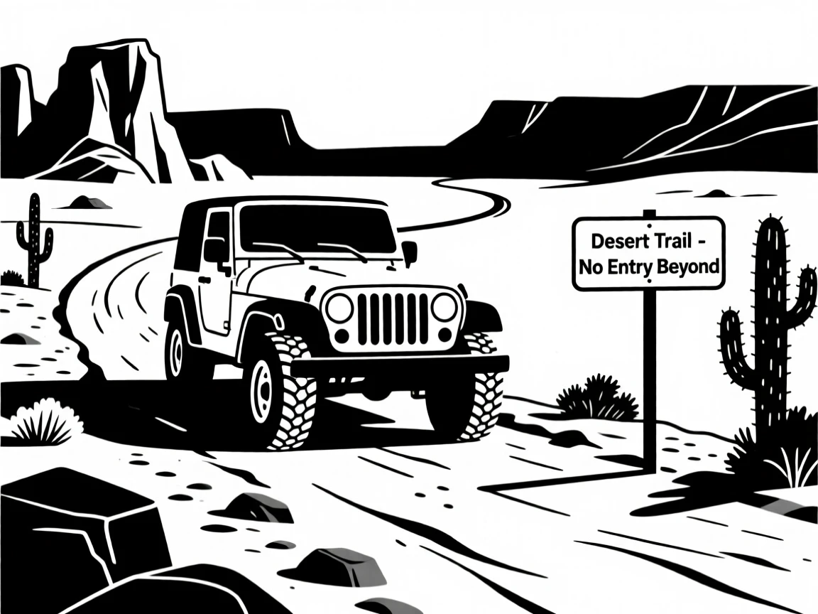 A jeep driving through a rugged desert trail.