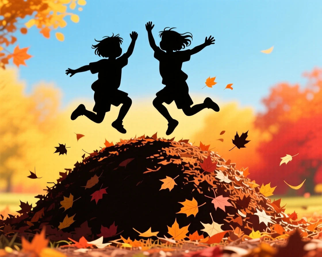 Two children leaping into a giant pile of raked autumn leaves.