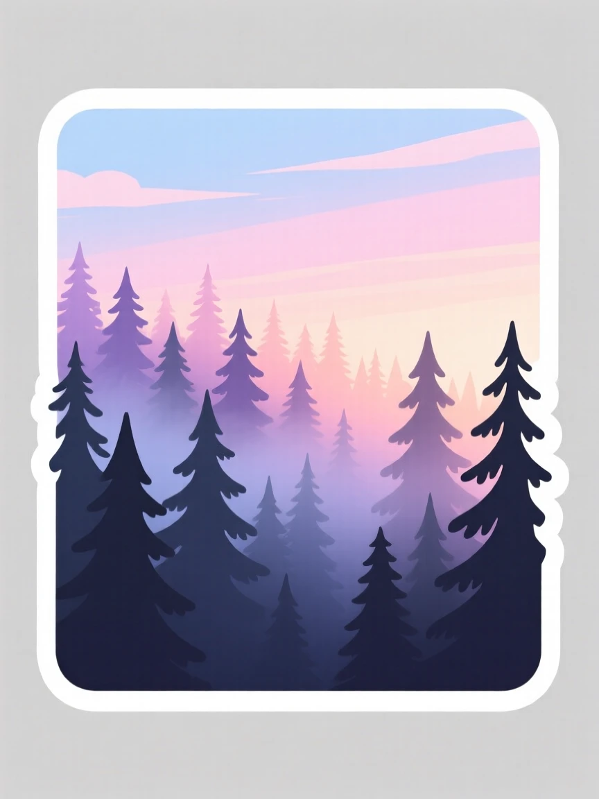 A softly glowing misty pine forest at dawn, under a sky painted in pastel colors, on a clear and cloudless day.
