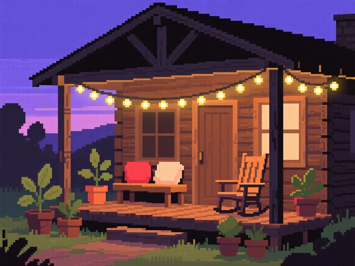 A cabin porch surrounded by potted plants and soft cushions, within a cabin lit by string lights at dusk.