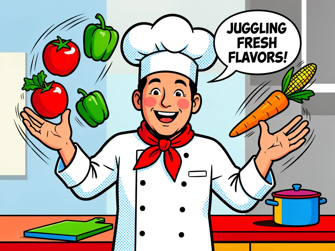 A cheerful chef juggling vegetables in a bustling kitchen