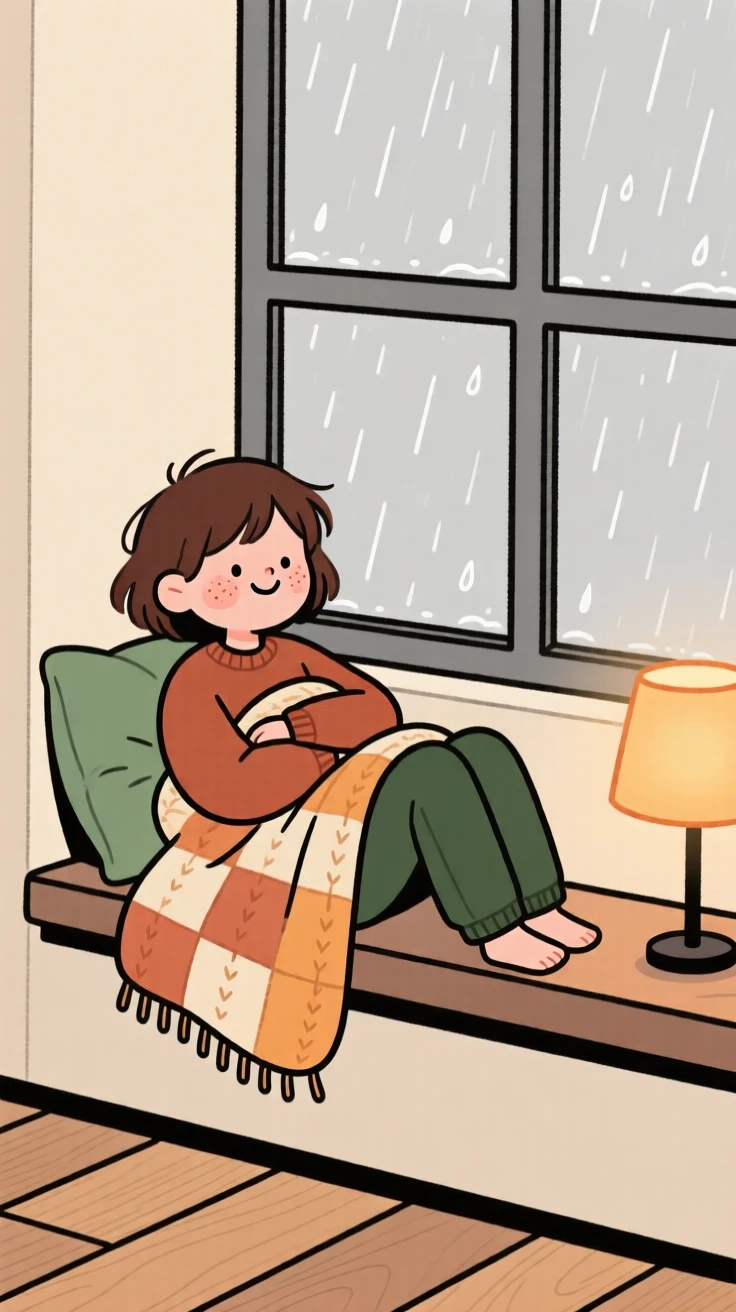 A teenager curls up in a window seat beside a softly glowing lamp, wrapped in a knitted quilt while listening to rain on the roof.