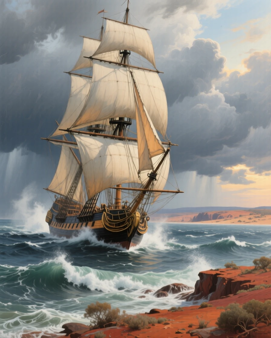 A balanced composition of a tall sailing ship cutting through rough ocean swells, in the Australian outback, in late afternoon, beneath heavy grey storm clouds.