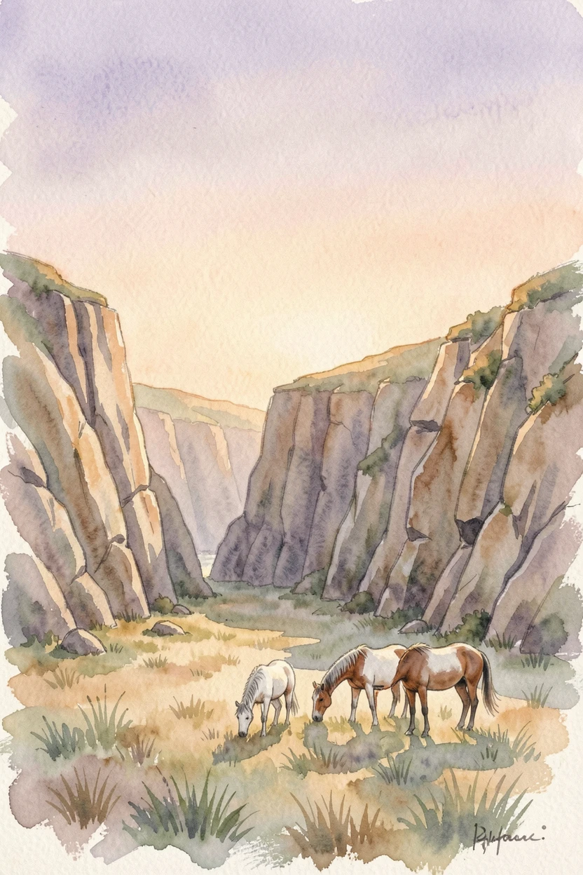 An island surrounded by cliffs at golden hour with wild horses grazing nearby.