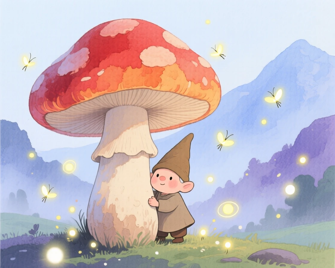 A tiny tiny gnome peeks out from behind a giant mushroom in a misty mountain valley, while fireflies swirl through the air