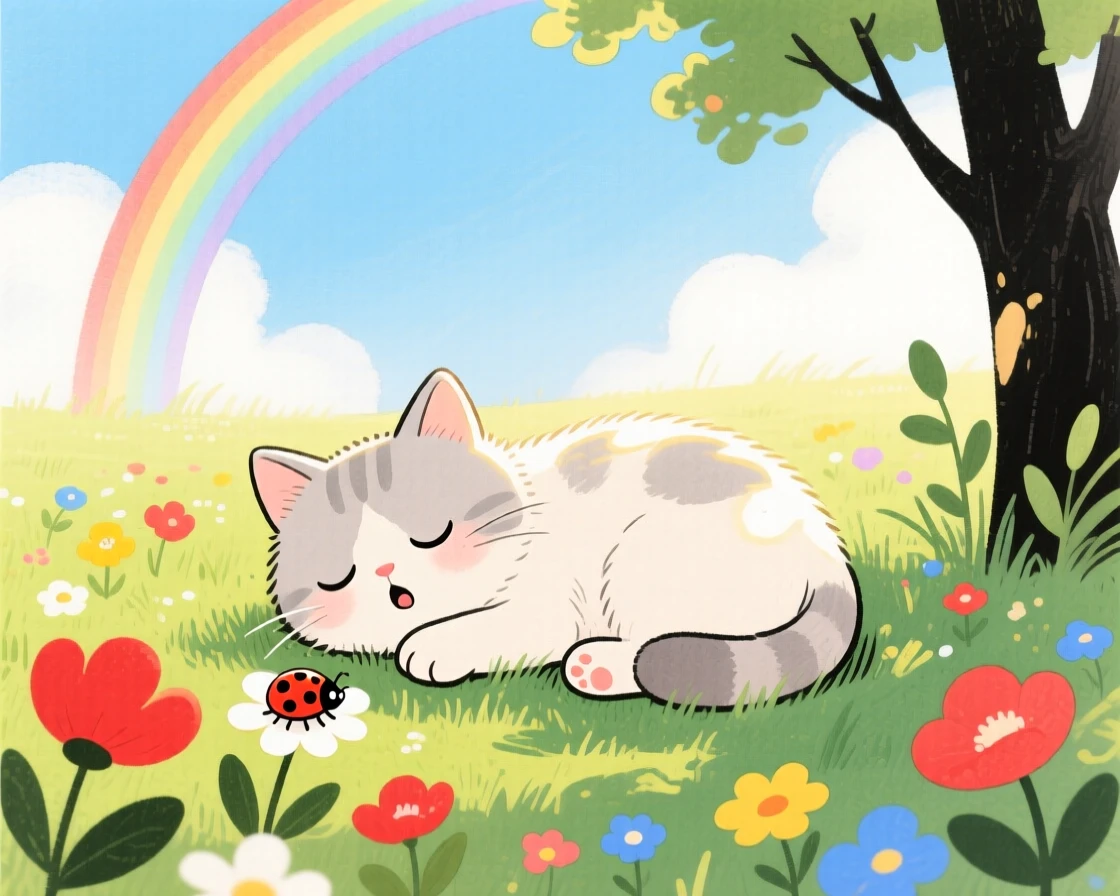 A kitten napping in a sunbeam discovering something new in a sunlit meadow just after a rainbow appears.
