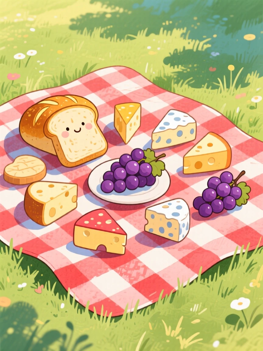 A picnic spread of fresh bread, cheese, and grapes on a checkered blanket, inspiring appetite and nostalgic comfort.