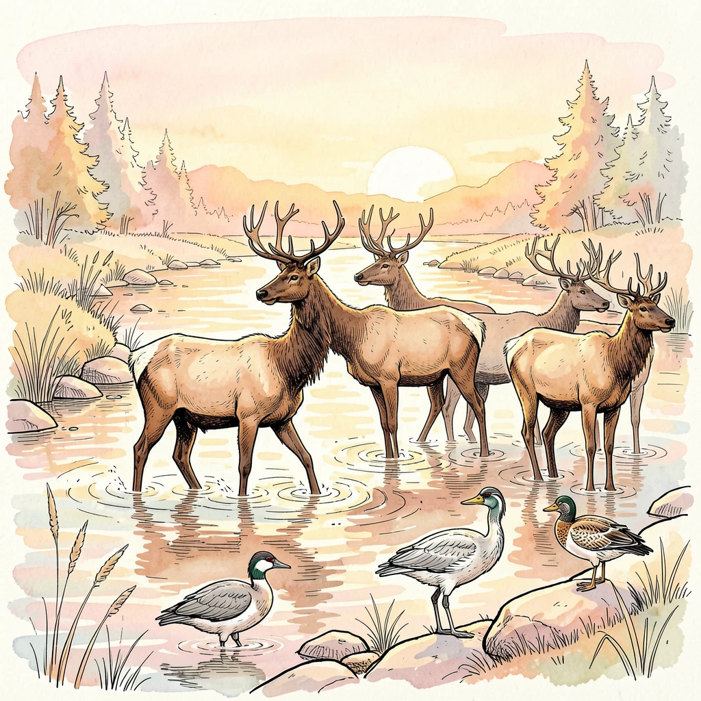 A herd of elk crossing a shallow river at sunrise, warm light catching the texture of fur and feather alike.