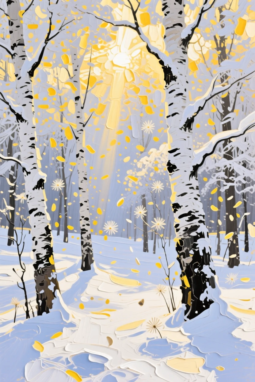 A sun-dappled birch grove, sunlight catching drifting spores and pollen in the air, where shafts of light break through the dense canopy, under fresh snowfall, branches bowed with white.