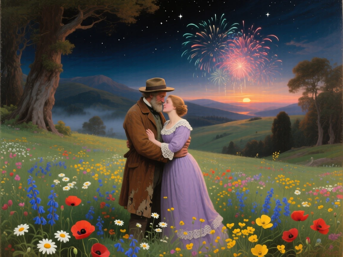 An old couple embrace beneath a flower-filled meadow as fireworks light up the horizon.