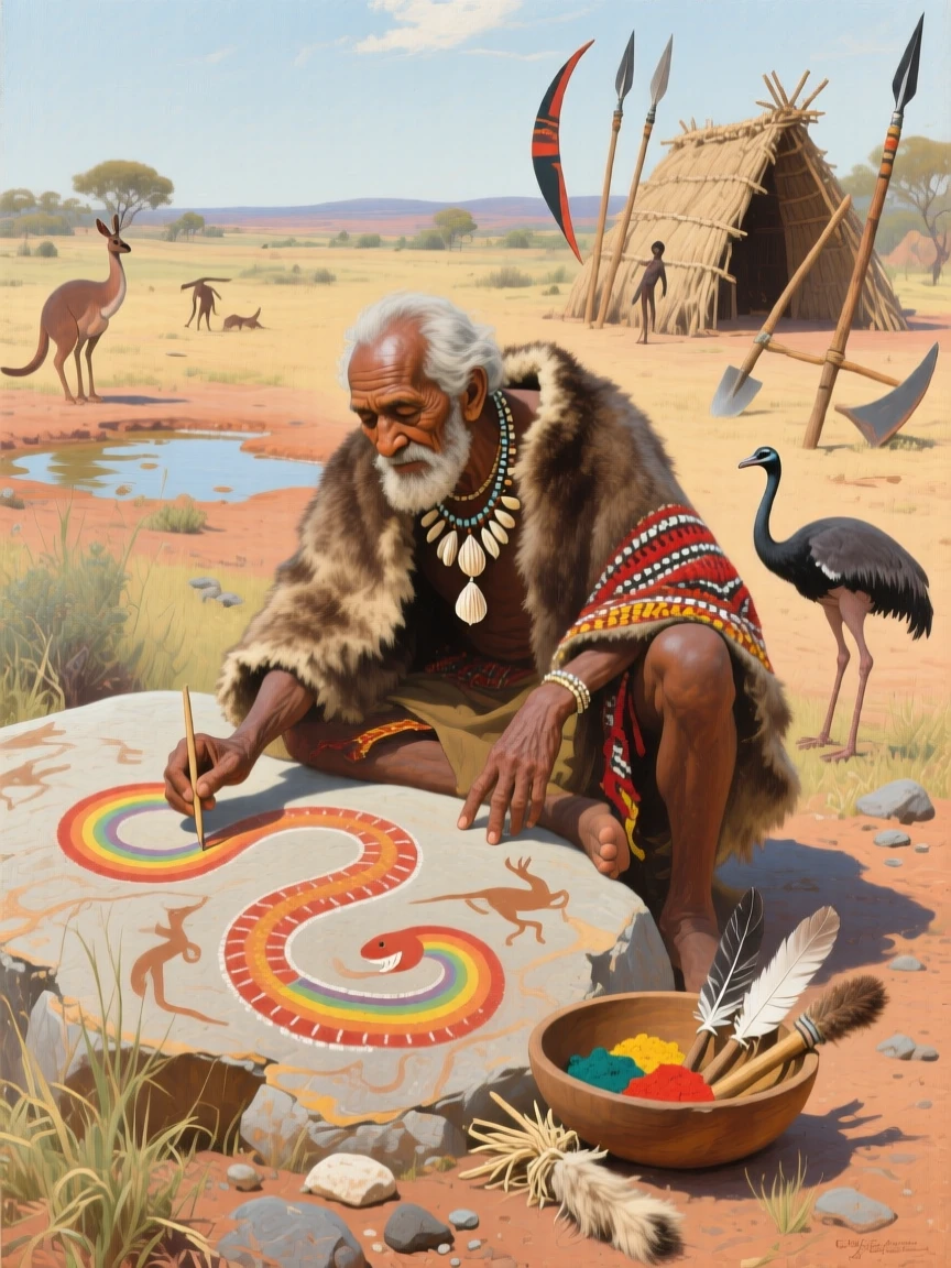 An Aboriginal Australian elder painting a Dreamtime story on rock, with rich period-accurate clothing, tools, and architecture throughout, capturing the grandeur and detail of a bygone era