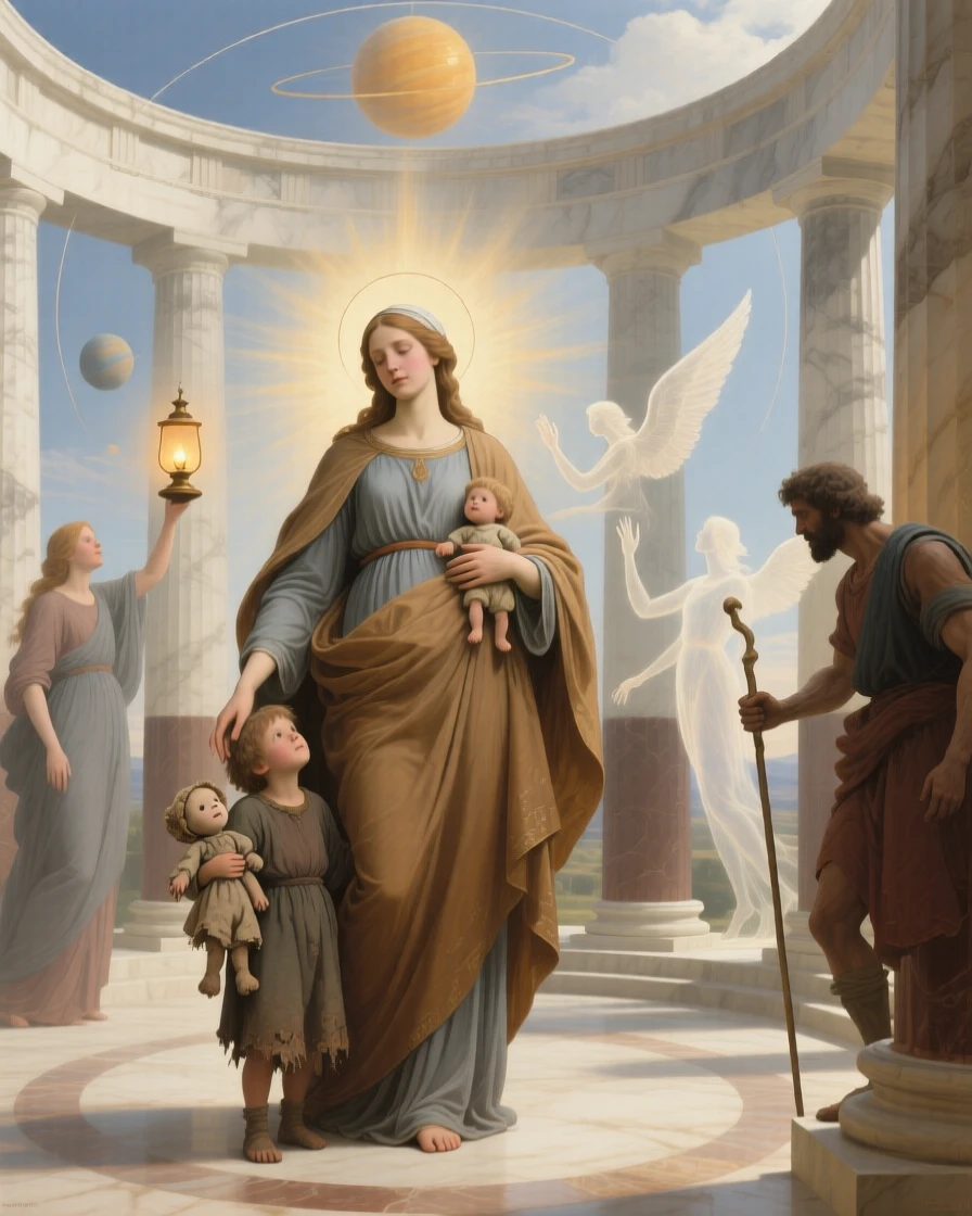 The spirit of Charity sheltering the poor beneath her cloak as unseen forces of fate quietly converge, set within a classical temple open to the heavens, with contrasting elements of darkness and radiance framing the scene; supporting figures orbit the central allegory like planets around a sun, suggesting hope, transformation, and the endurance of the human spirit.