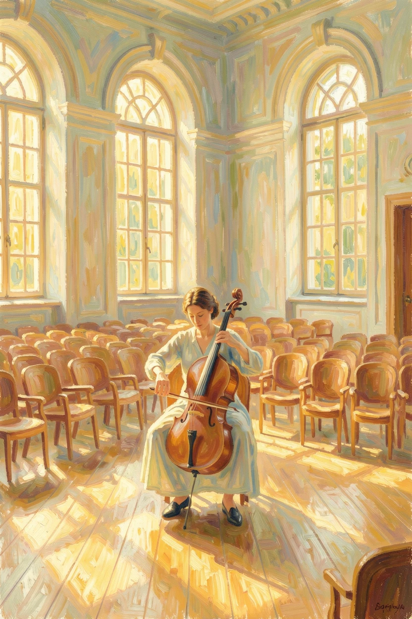 A cellist practicing alone in an empty concert hall, sunlight streaming through tall arched windows, during the height of summer, evoking a sense of peace and quiet wonder.