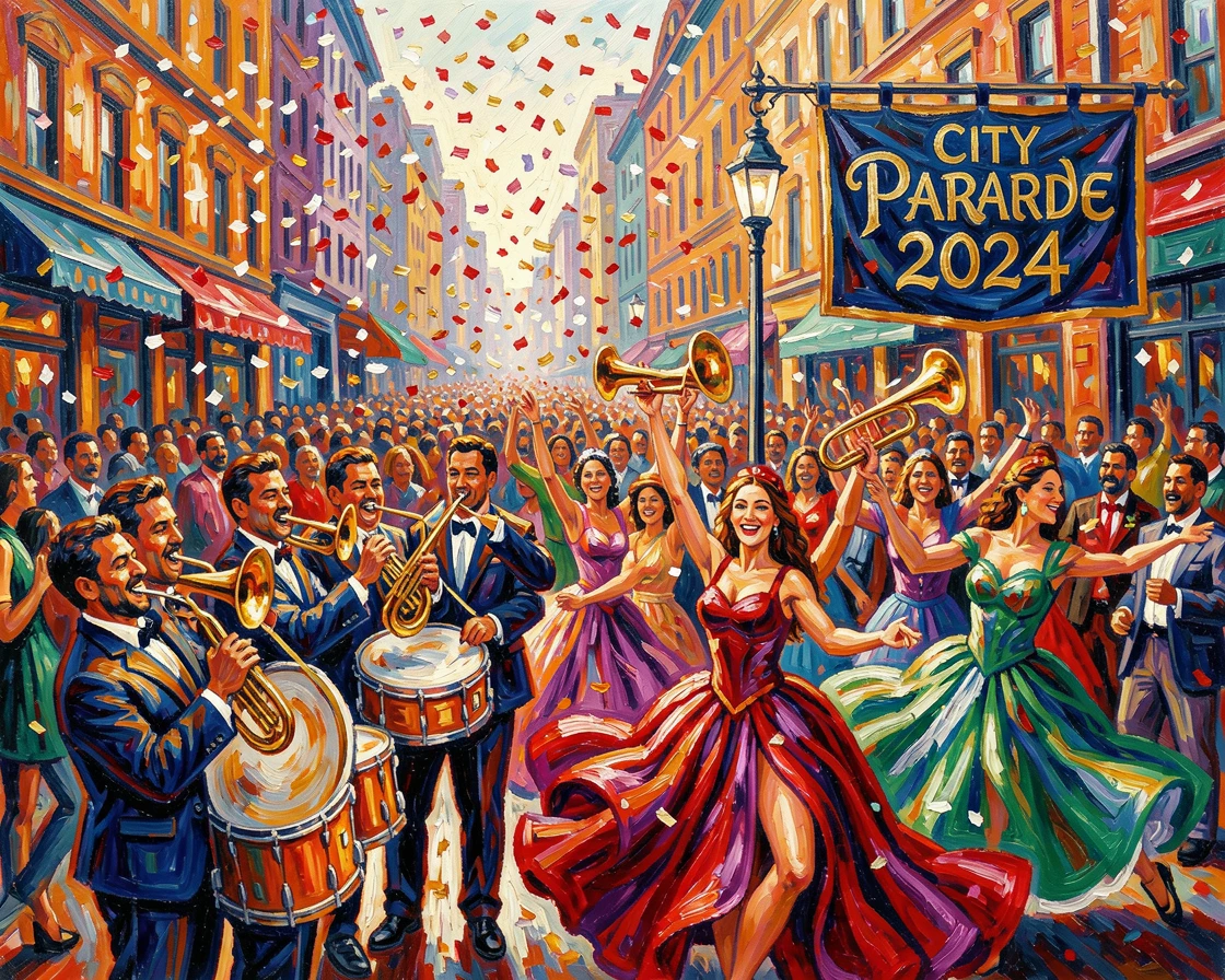 A crowded street parade with musicians, dancers, and confetti filling the air.