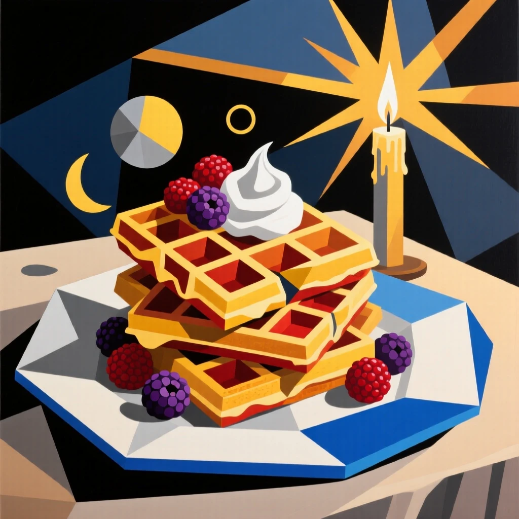 A mouthwatering image of a stack of waffles with berries and cream plated elegantly for a candlelit dinner.