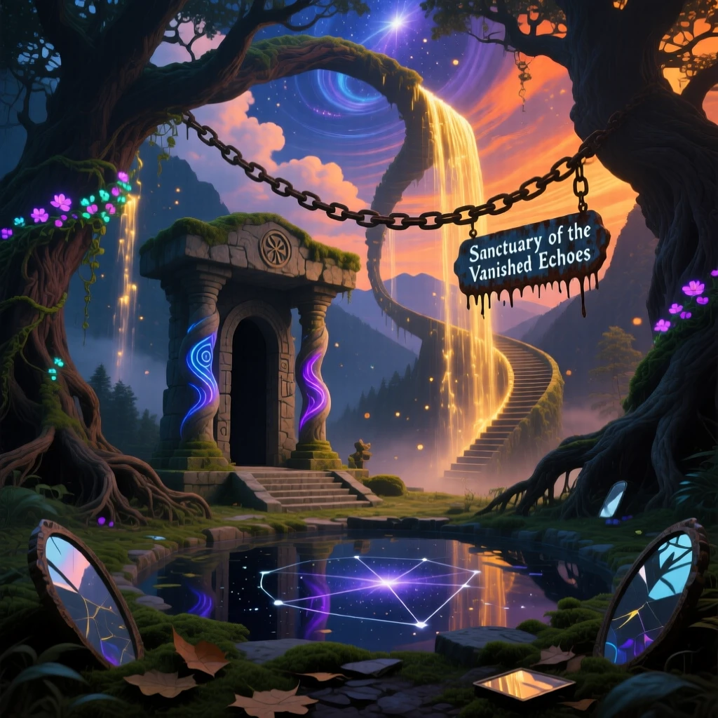 A forgotten shrine tucked deep within a quiet mountain forest rests peacefully, reclaimed slowly by the surrounding forest, while dust motes drift like tiny stars through beams of light.