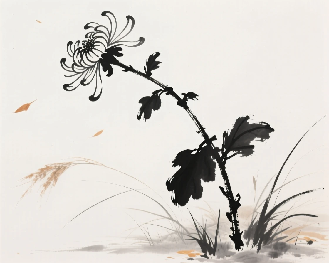 A single chrysanthemum stem bends gently under an autumn breeze, as a light wind stirs the surrounding grasses.