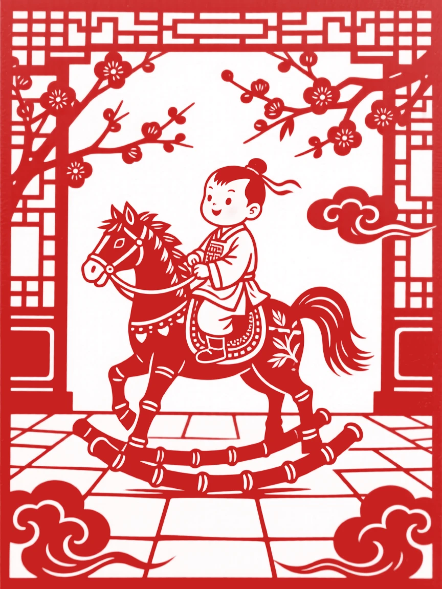 A little boy riding a bamboo hobby horse across a courtyard, imagining himself a great general