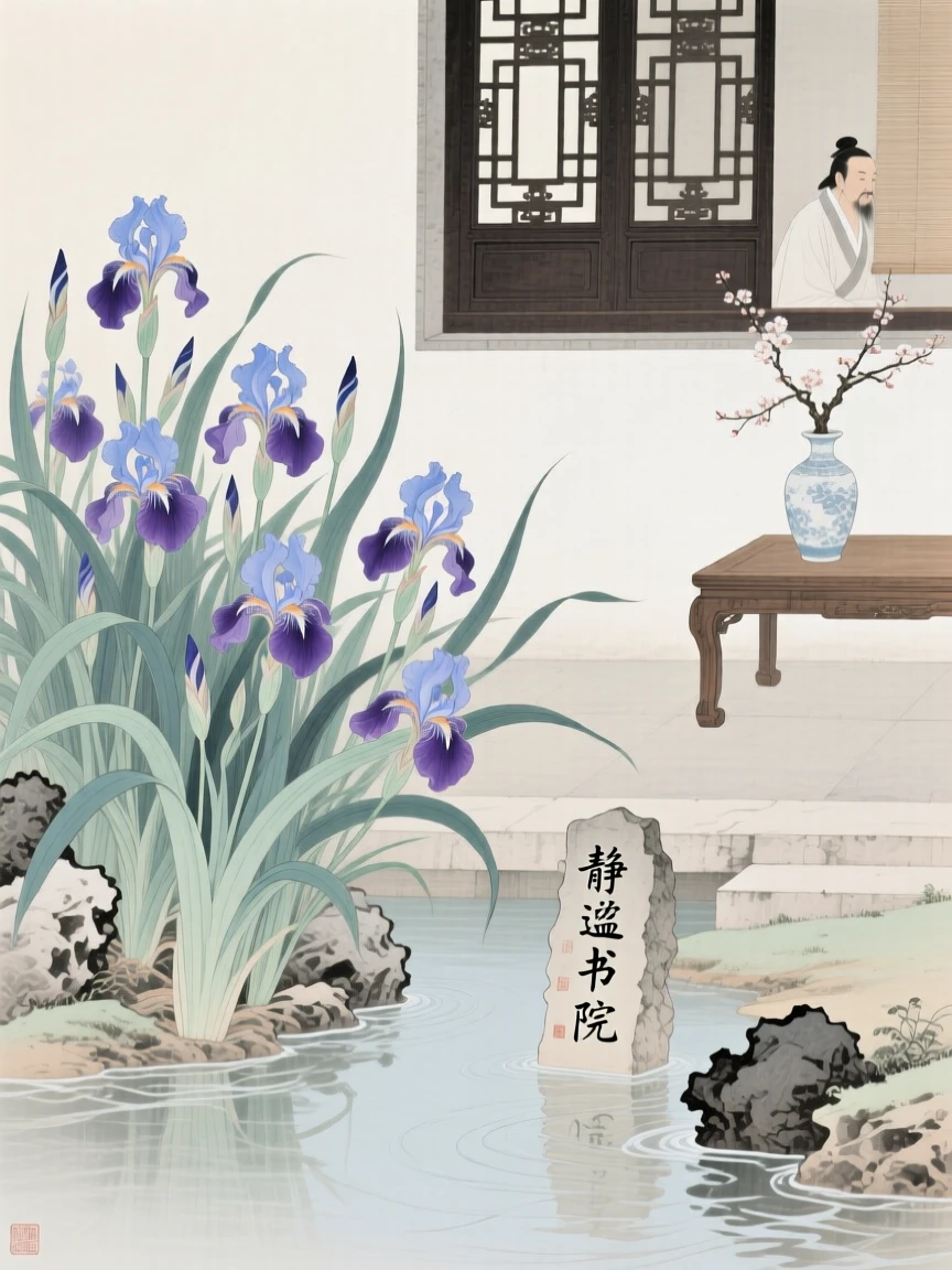 Irises growing along a riverbank in the corner of a quiet scholar's courtyard