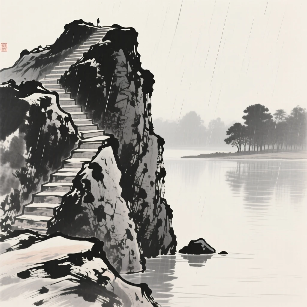 A steep staircase of rock leading up toward a distant summit while a light rain blurs the distant tree line, seen from across the water, the far shore reduced to soft silhouette, conveying calm reflection and gentle isolation.