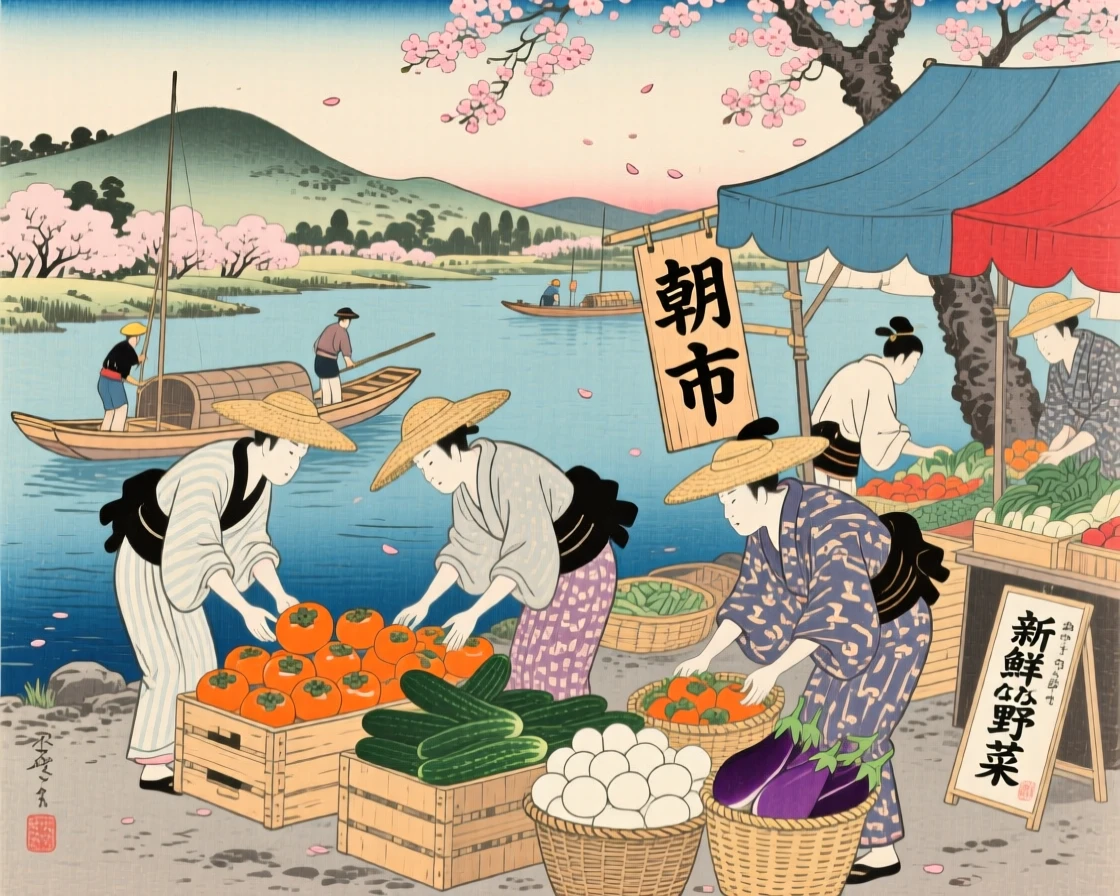 Fishermen arranging fresh produce at a morning market.