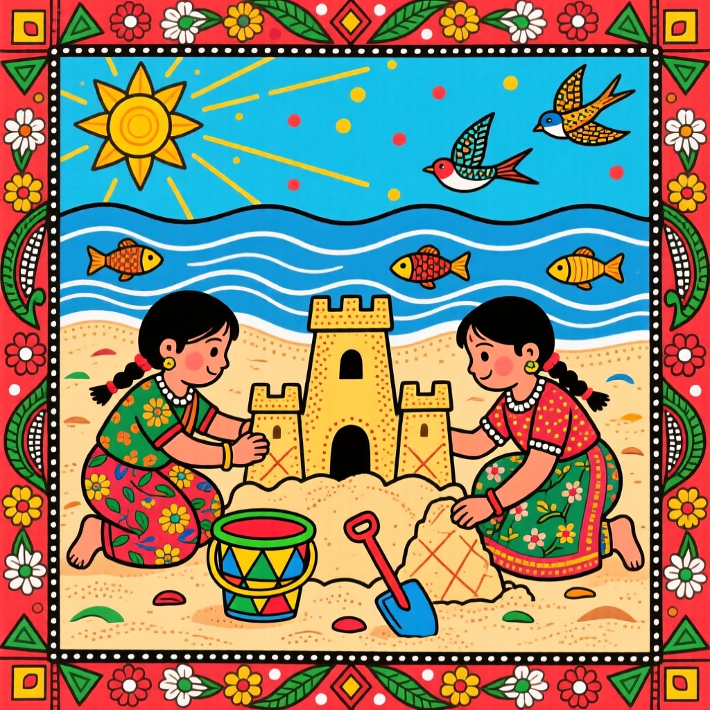Children building sandcastles on a beach at the start of summer.