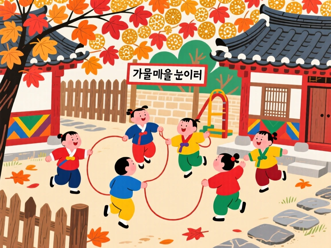 Children skipping rope in a village courtyard beneath a canopy of autumn leaves.