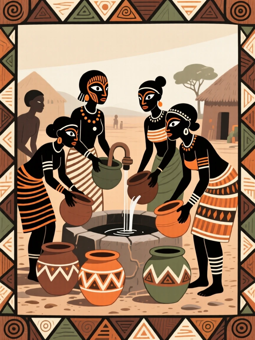A village well surrounded by women filling clay pots.
