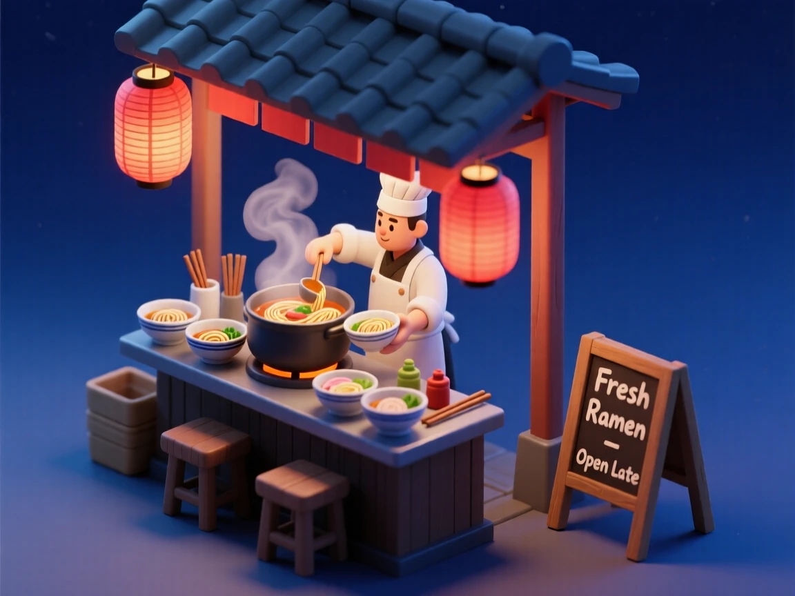 A bustling ramen stand with steam rising into cold night air, a chef ladling broth, and paper lanterns swaying gently above.