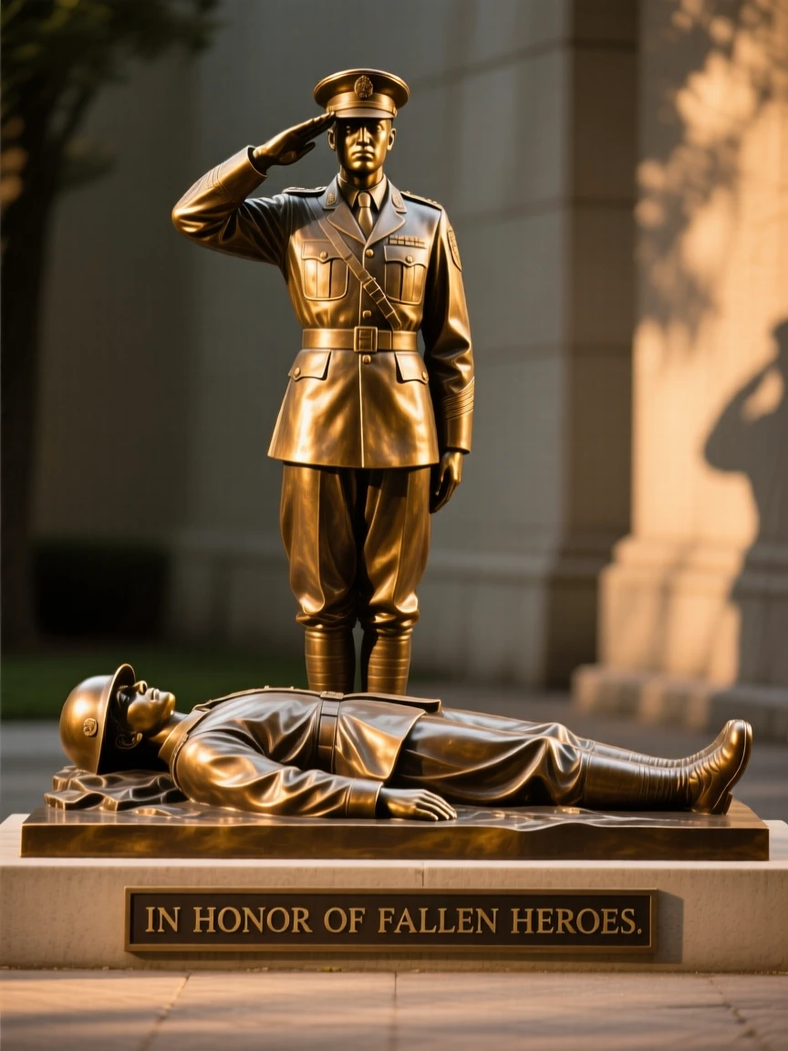A soldier saluting a fallen comrade, bathed in warm, golden light, forming a strong central focal point