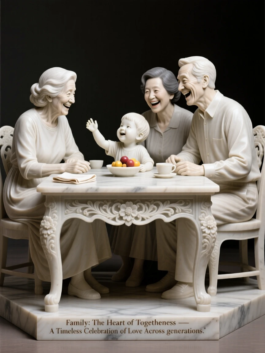 A joyful scene of three generations of a family gathered around a table, capturing warmth, togetherness, and belonging
