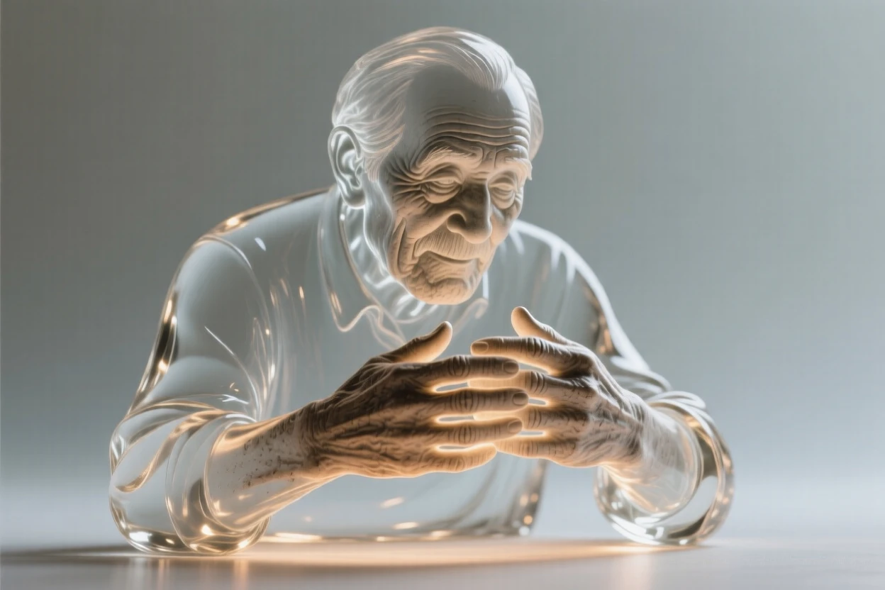 An elderly craftsman with weathered, kind hands framed in a close, intimate composition, soft rim light outlining the silhouette, evoking warmth and connection.
