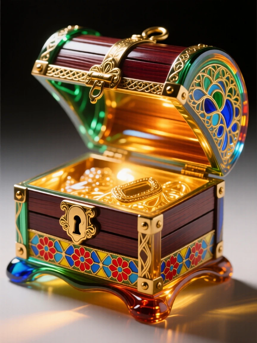 An antique treasure chest slightly open, revealing a soft glow within, mysterious and adventurous.
