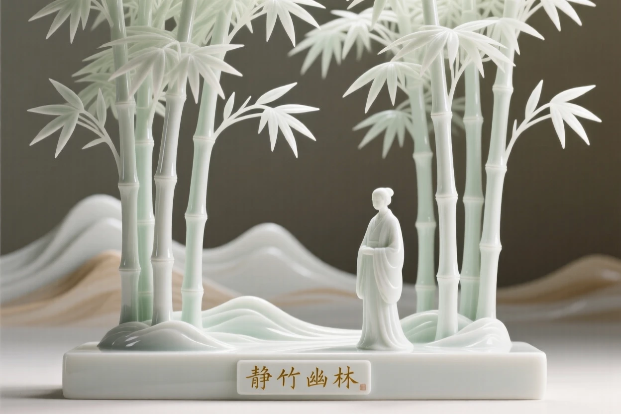 A tranquil bamboo forest with light filtering through, framed by distant mountains.