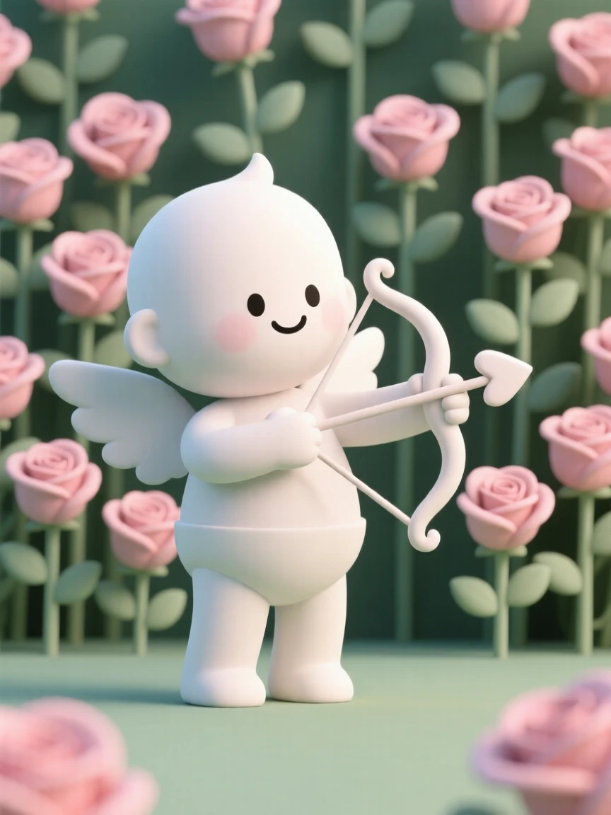 A joyful Cupid figure with tiny wings aims a bow of hearts toward a blooming rose garden.