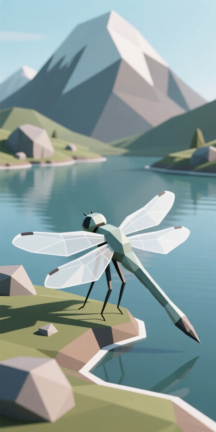 A dragonfly with translucent wings catching the light, beside a crystal-clear mountain lake. soft natural light highlights every texture. The scene radiates quiet strength.