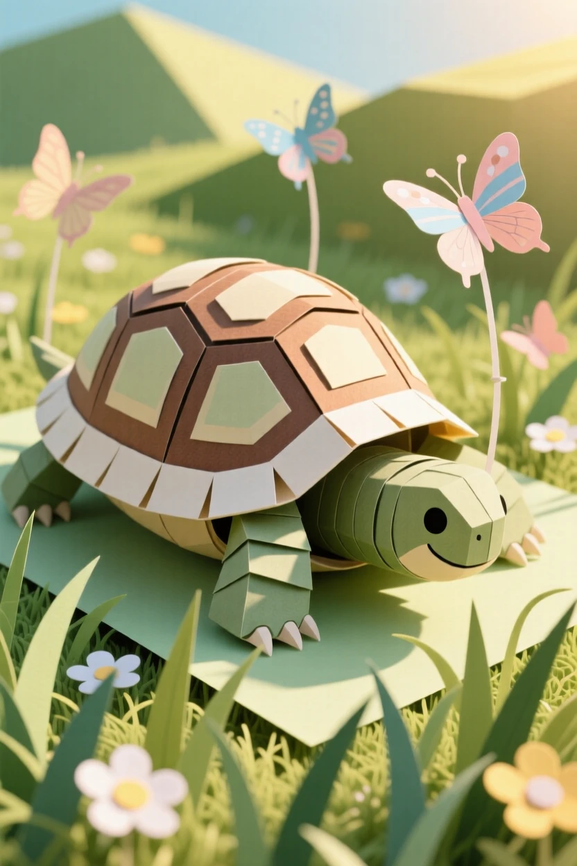 A gentle giant tortoise resting in a sunlit meadow, with butterflies fluttering nearby, conveying quiet dignity and grace.