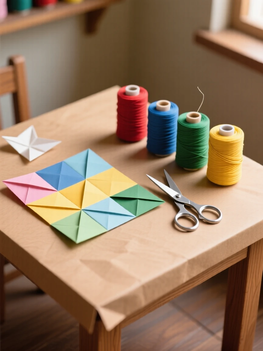 A cozy sewing room filled with spools of thread and a half-finished quilt on the table.