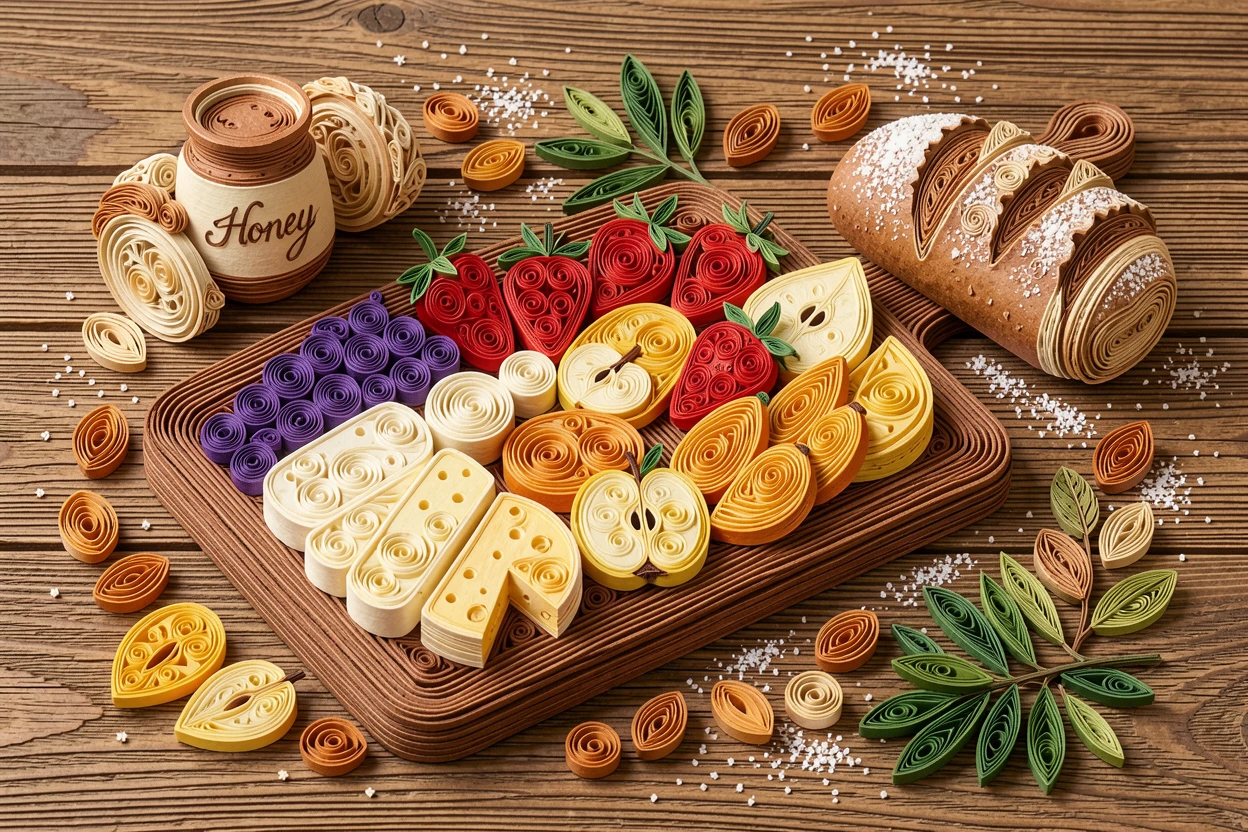 a rustic charcuterie board with cheese, fruit, and nuts, on a rustic wooden farmhouse table, arranged with complementary props scattered around, with a light dusting of powdered sugar.