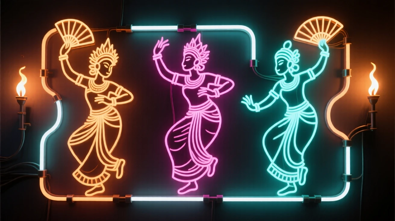 A traditional Balinese dance performance lit by torchlight.