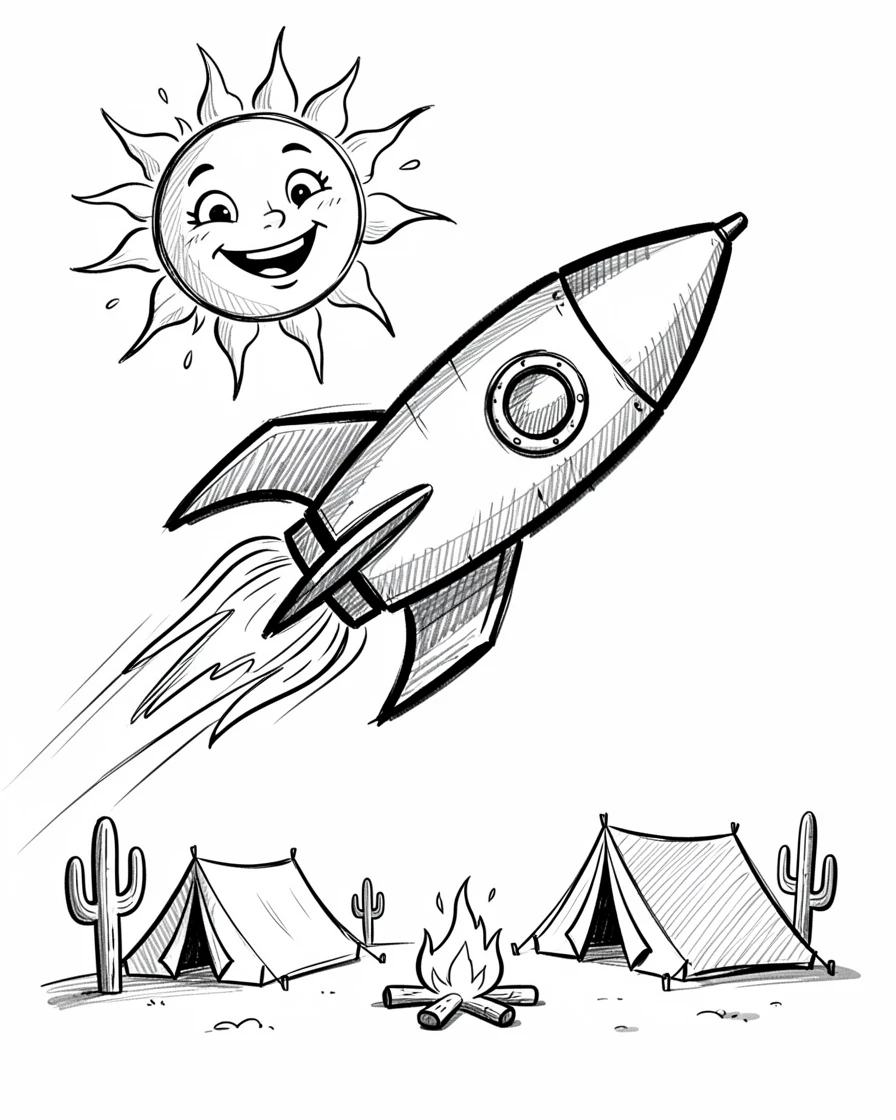 A cartoon rocket zooming past a smiling sun above a desert stargazing camp.