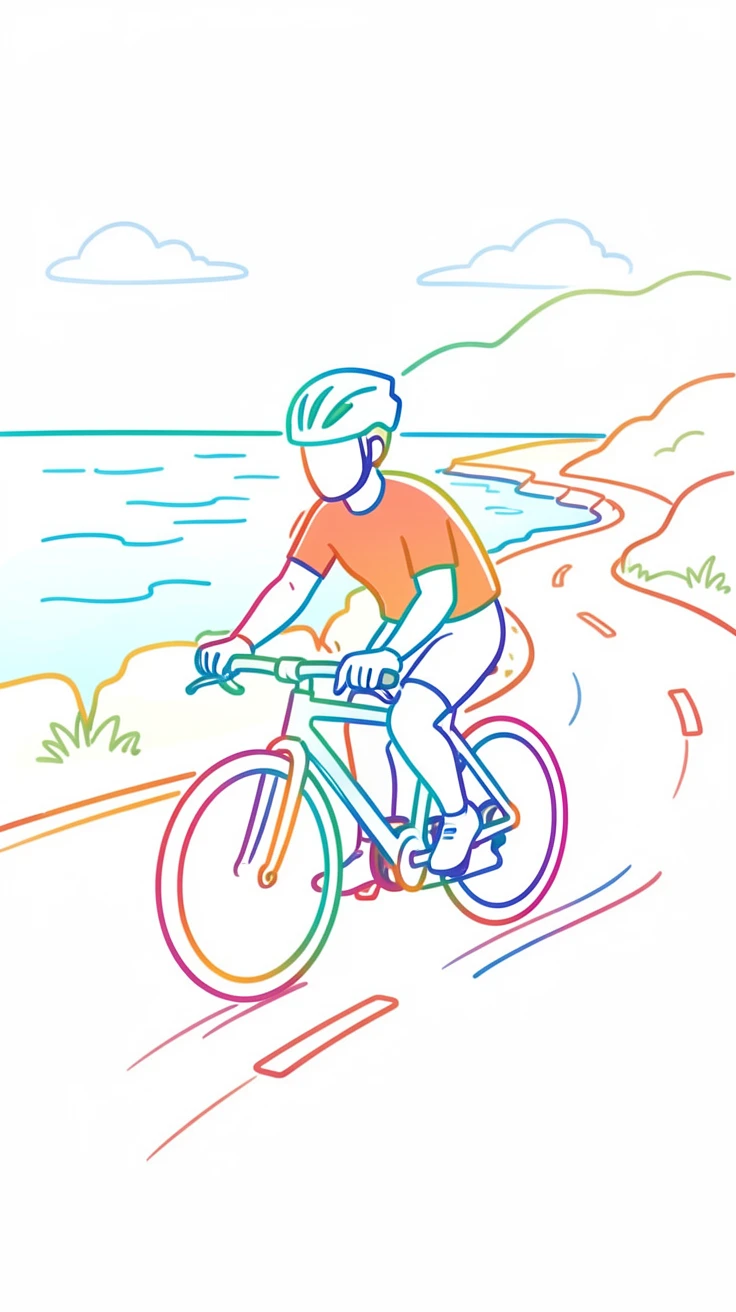 A cyclist riding along a scenic coastal road with the ocean in view.