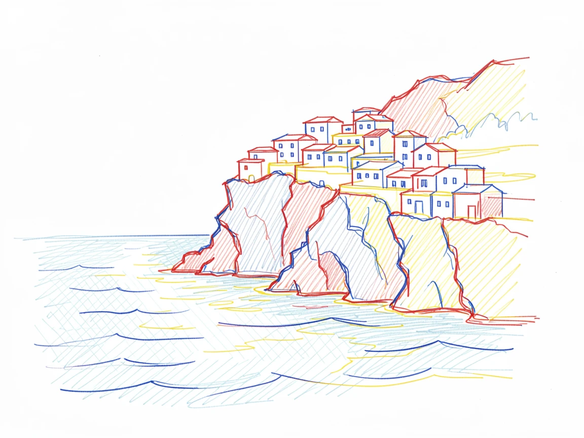 A cliffside village clinging to volcanic rock above a sparkling sea
