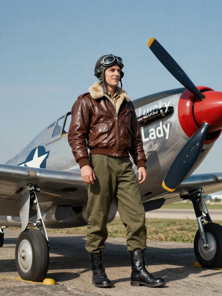 A World War II era pilot standing beside a vintage fighter plane