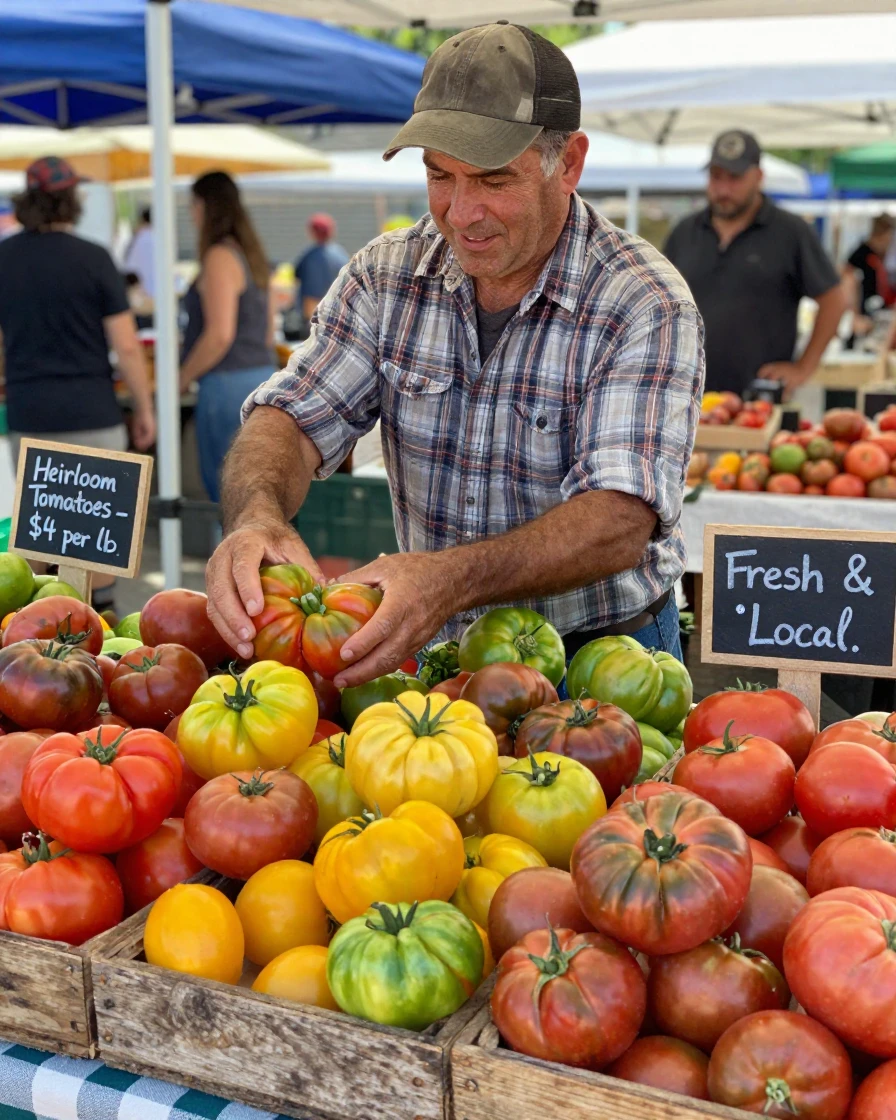 A farmer's market vendor arranges a rainbow of heirloom tomatoes in wooden crates.