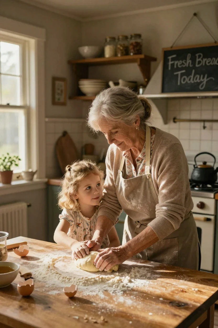 A grandmother teaching her granddaughter to knead dough in a sunlit farmhouse kitchen