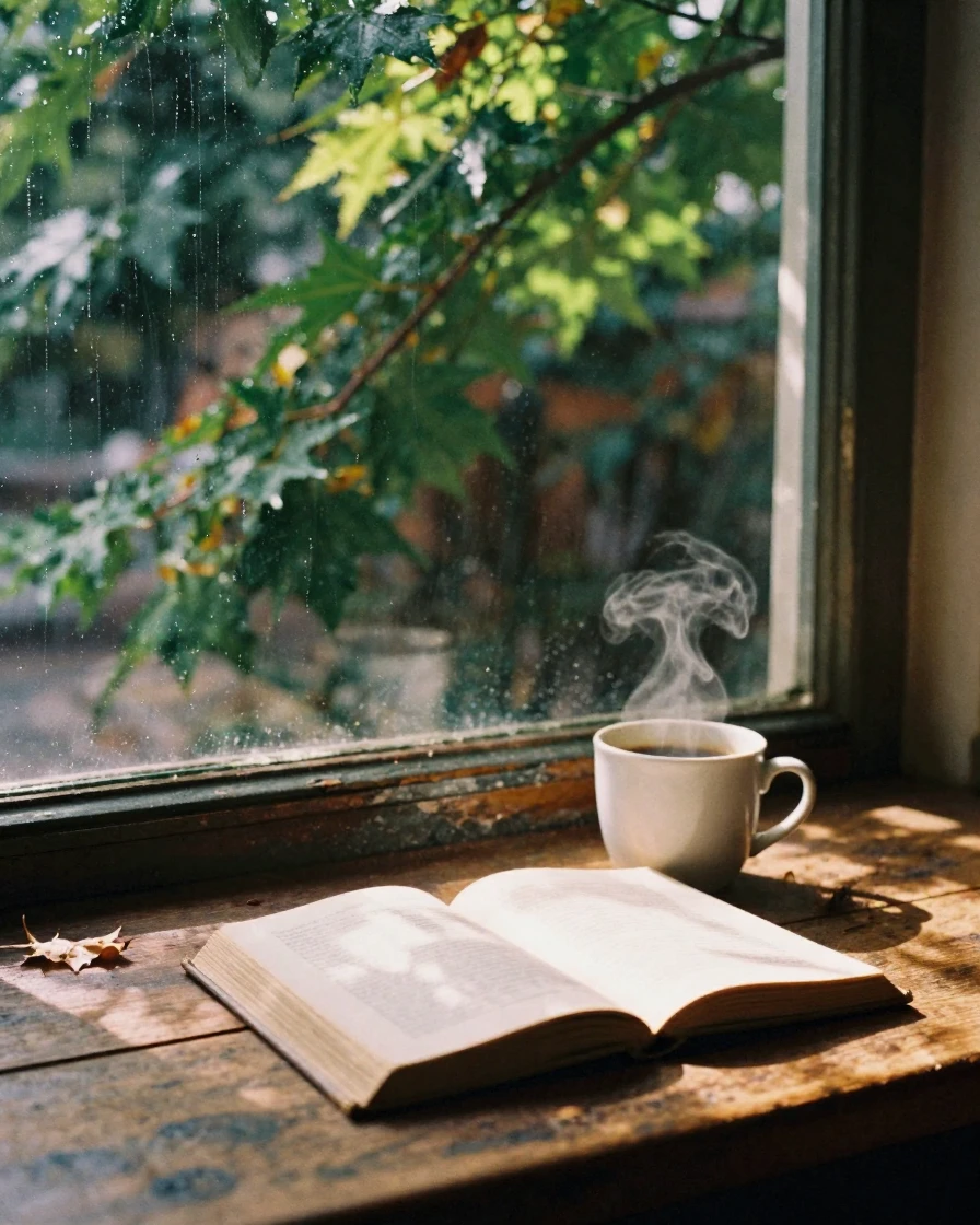 A cozy café corner with a steaming cup beside an open book, in dappled light filtering through leaves, under a light drizzle, in the mild days of early autumn, with deep emerald greens and browns, through a rain-streaked window.