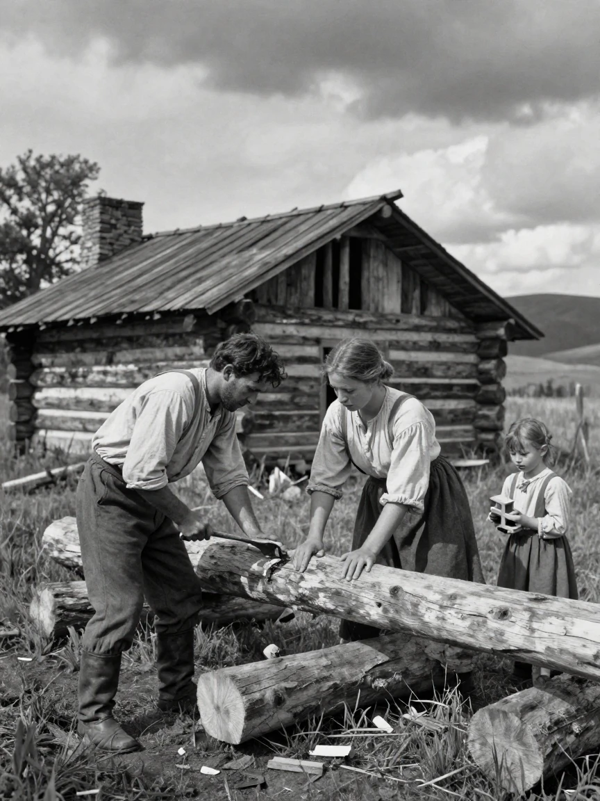 A pioneer settler family builds a small cabin on the frontier on the American frontier.