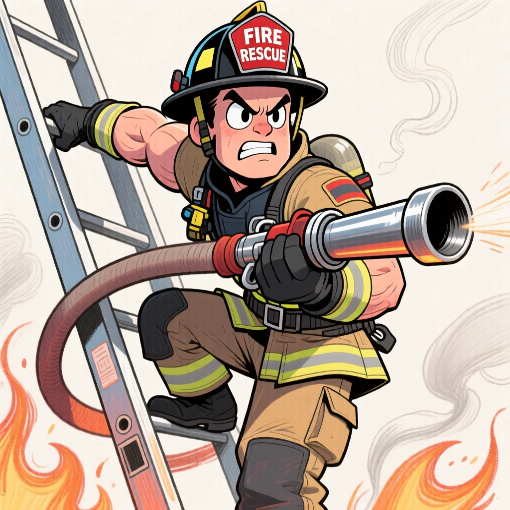 A firefighter in full gear climbing a ladder, hose in hand, determined expression.